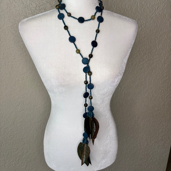 Blue Turquoise Green Beads Leaf Necklace Belt Bohemian Gypsy Festival Style - Picture 1 of 16